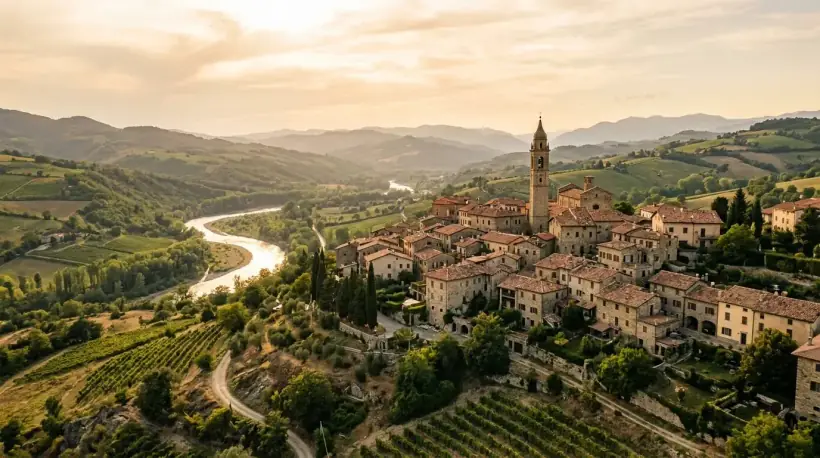 Borgo di collina nella Val Trebbia visto dall’alto