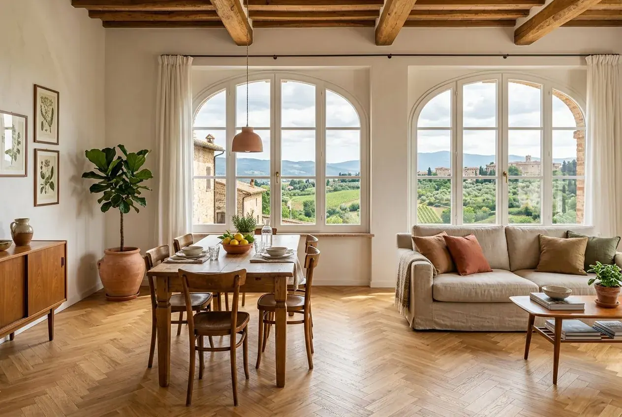 Soggiorno luminoso con parquet e vista sulle colline